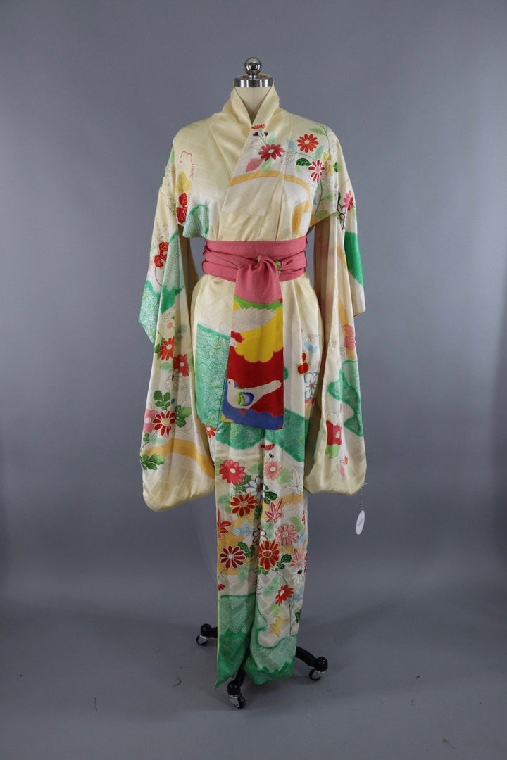 Vintage Silk Kimono Robe / Yellow Ombre Green Floral - ThisBlueBird
