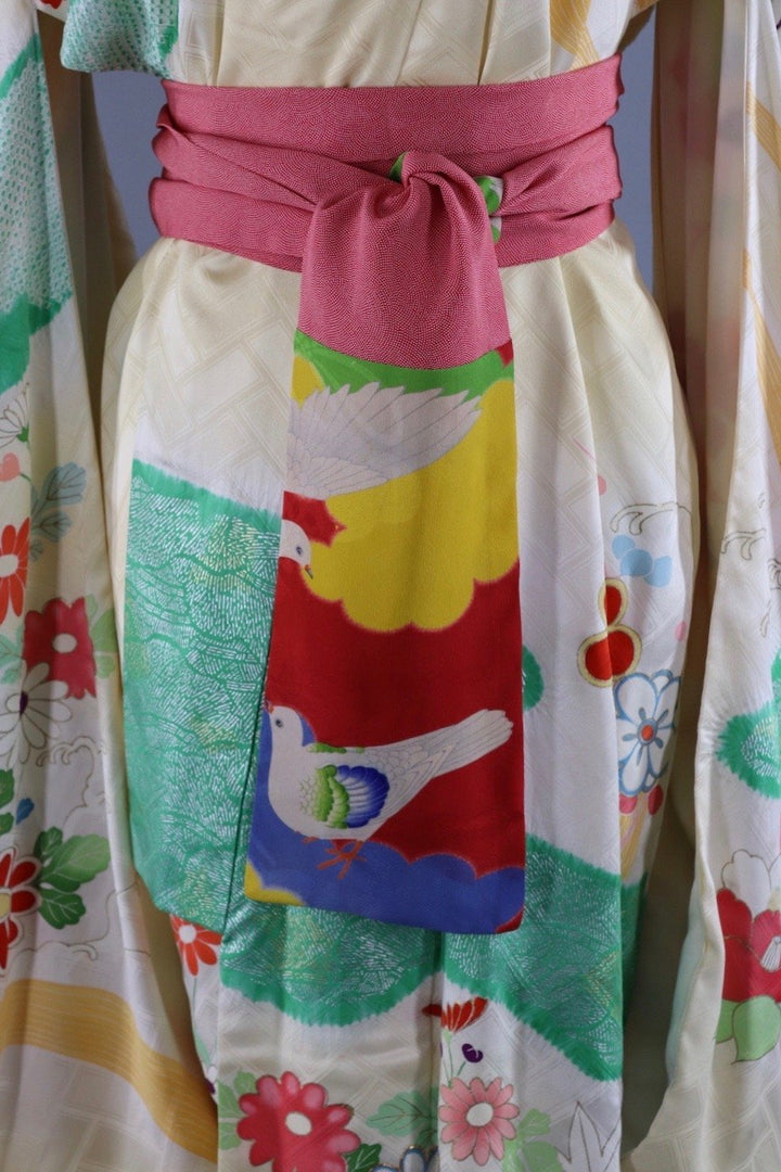 Vintage Silk Kimono Robe / Yellow Ombre Green Floral - ThisBlueBird
