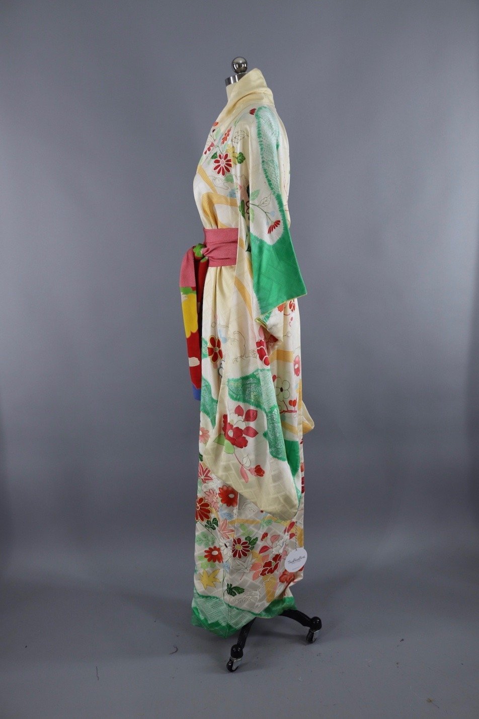 Vintage Silk Kimono Robe / Yellow Ombre Green Floral - ThisBlueBird