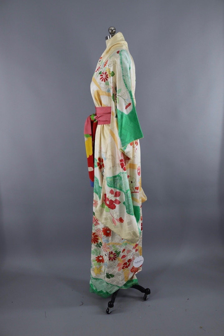 Vintage Silk Kimono Robe / Yellow Ombre Green Floral - ThisBlueBird