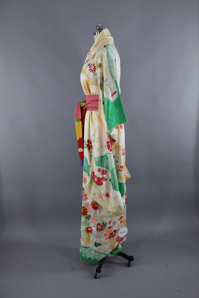 Vintage Silk Kimono Robe / Yellow Ombre Green Floral - ThisBlueBird
