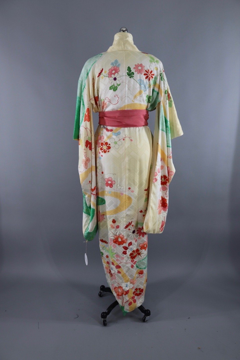 Vintage Silk Kimono Robe / Yellow Ombre Green Floral - ThisBlueBird