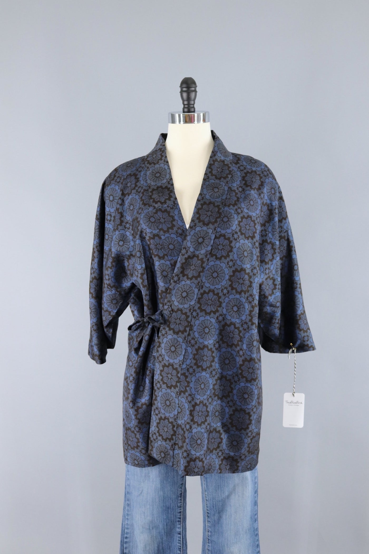 Vintage Silk Kimono Wrap Jacket - Blue and Black Ikat - ThisBlueBird