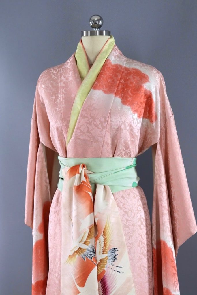 Vintage Silk Pink Clouds Kimono Robe Coral Ombre Flying Cranes Birds ...