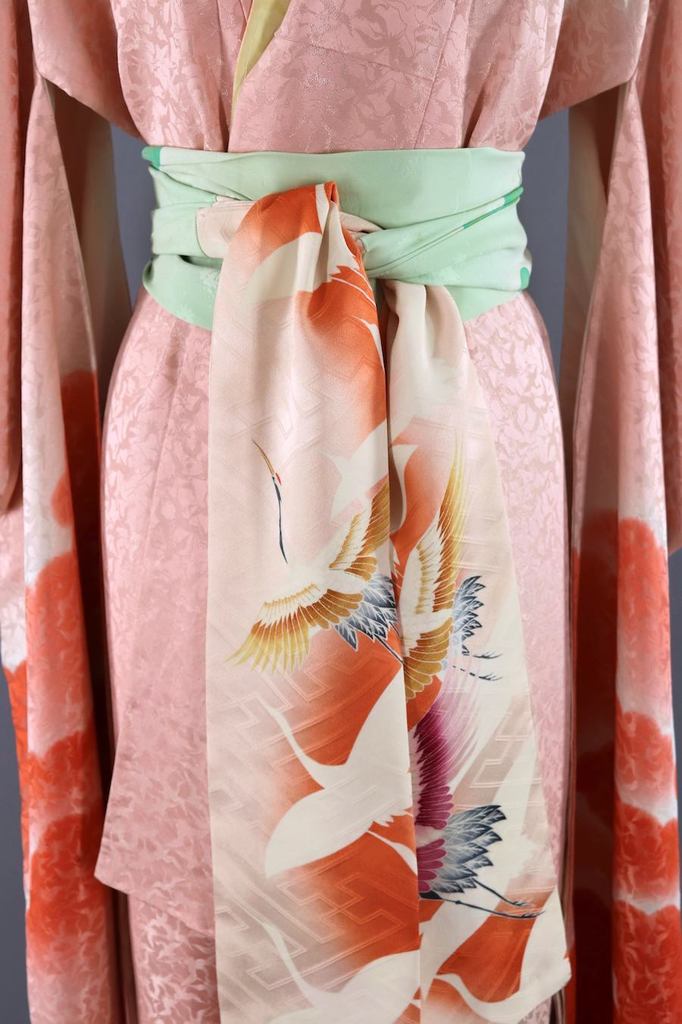 Vintage Silk Pink Clouds Kimono Robe Coral Ombre Flying Cranes Birds ...
