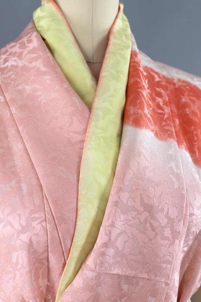 Vintage Silk Pink Clouds Kimono Robe Coral Ombre Flying Cranes Birds ...