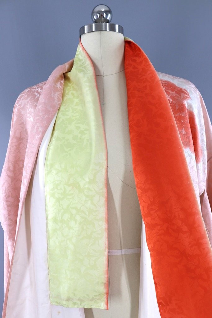 Vintage Silk Pink Clouds Kimono Robe Coral Ombre Flying Cranes Birds ...