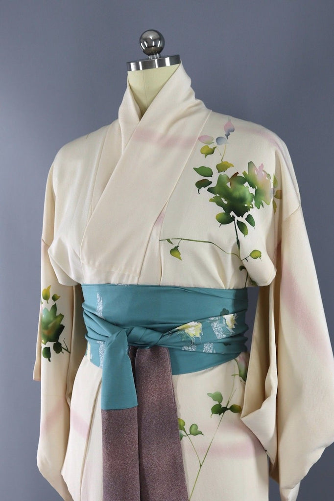 Vintage Silk Rose Print Kimono Robe-ThisBlueBird - Modern Vintage
