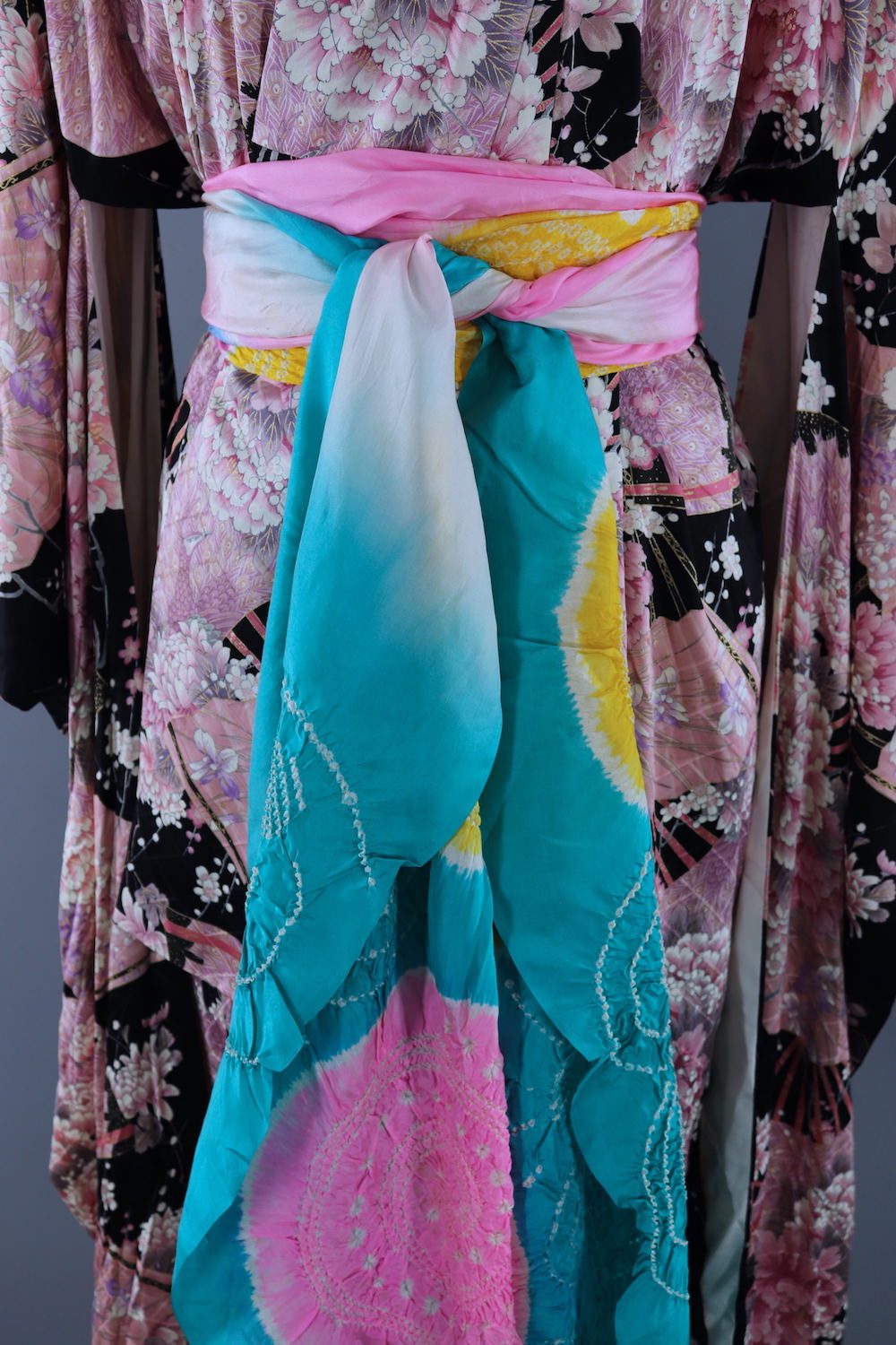 Vintage Silk Satin Kimono Robe / Black and Pink Floral-ThisBlueBird - Modern Vintage