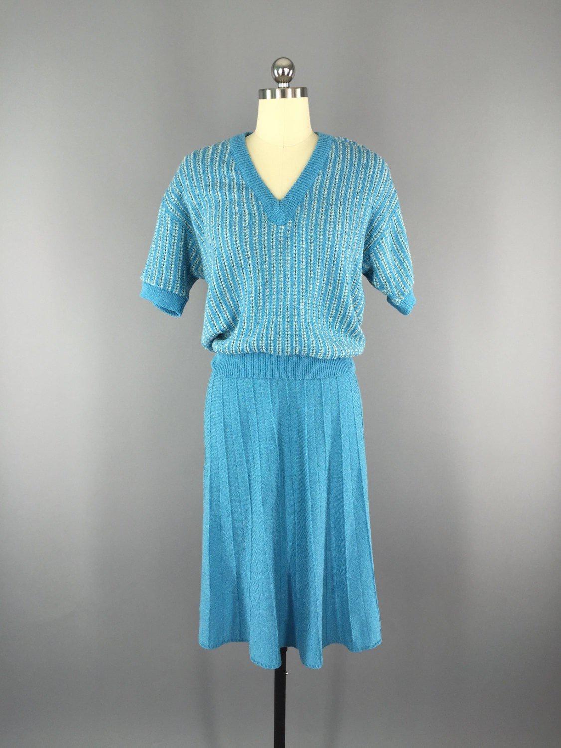 Vintage Skirt and Sweater Set / 1980s Blue Knit - ThisBlueBird