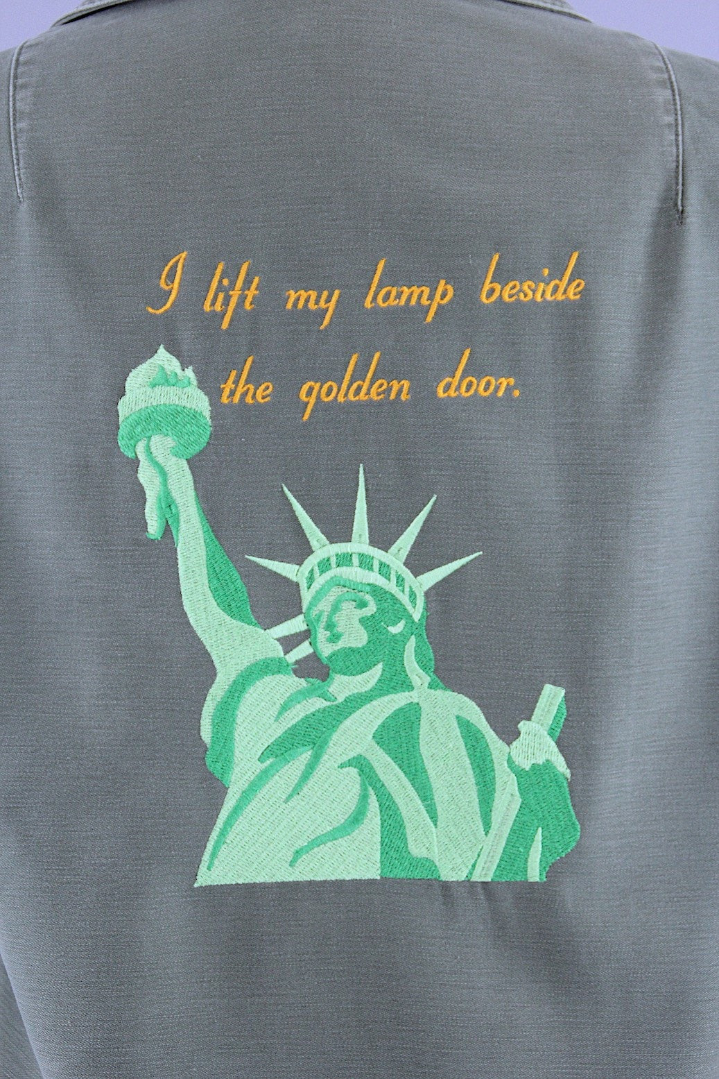 Vintage Statue of Liberty Embroidered 70s Camo Shirt / I Lift My Lamp Beside the Golden Door - ThisBlueBird