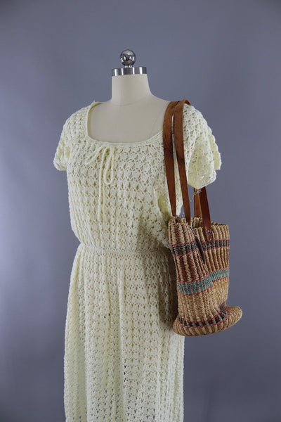 Vintage Straw Market Tote with Leather Handles / Tan Pink Aqua Stripes - ThisBlueBird