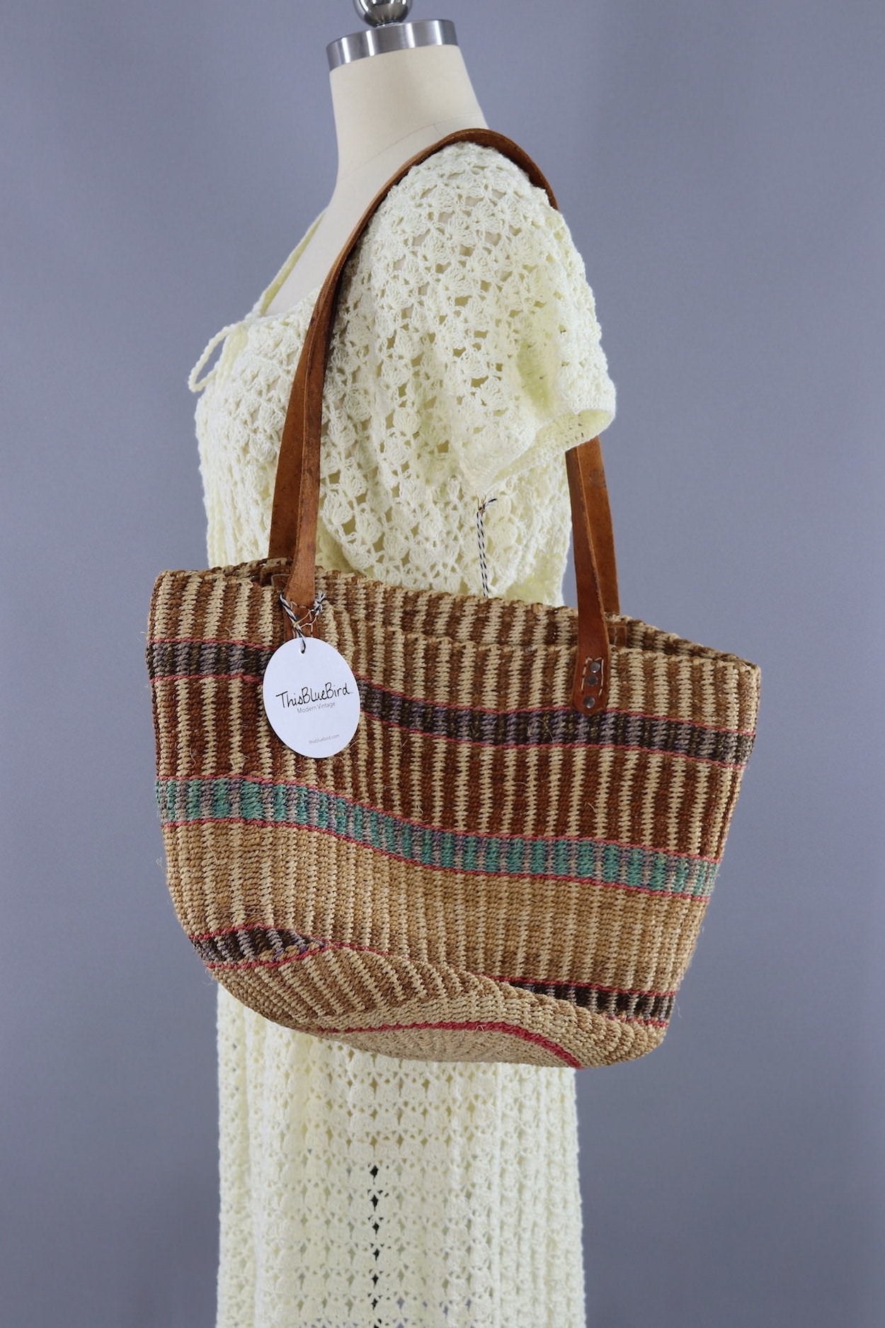 Vintage Straw Market Tote with Leather Handles / Tan Pink Aqua Stripes - ThisBlueBird