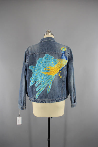 Vintage Style Denim Jacket with Aqua Blue Peacock Embroidery - ThisBlueBird