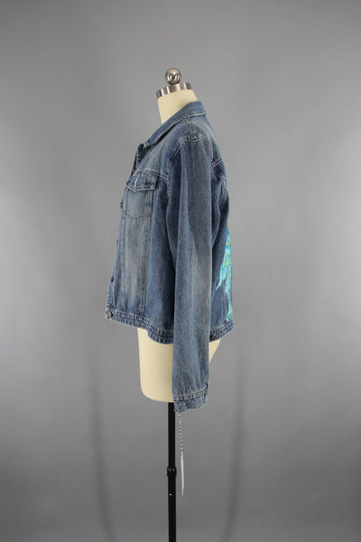 Vintage Style Denim Jacket with Aqua Blue Peacock Embroidery - ThisBlueBird
