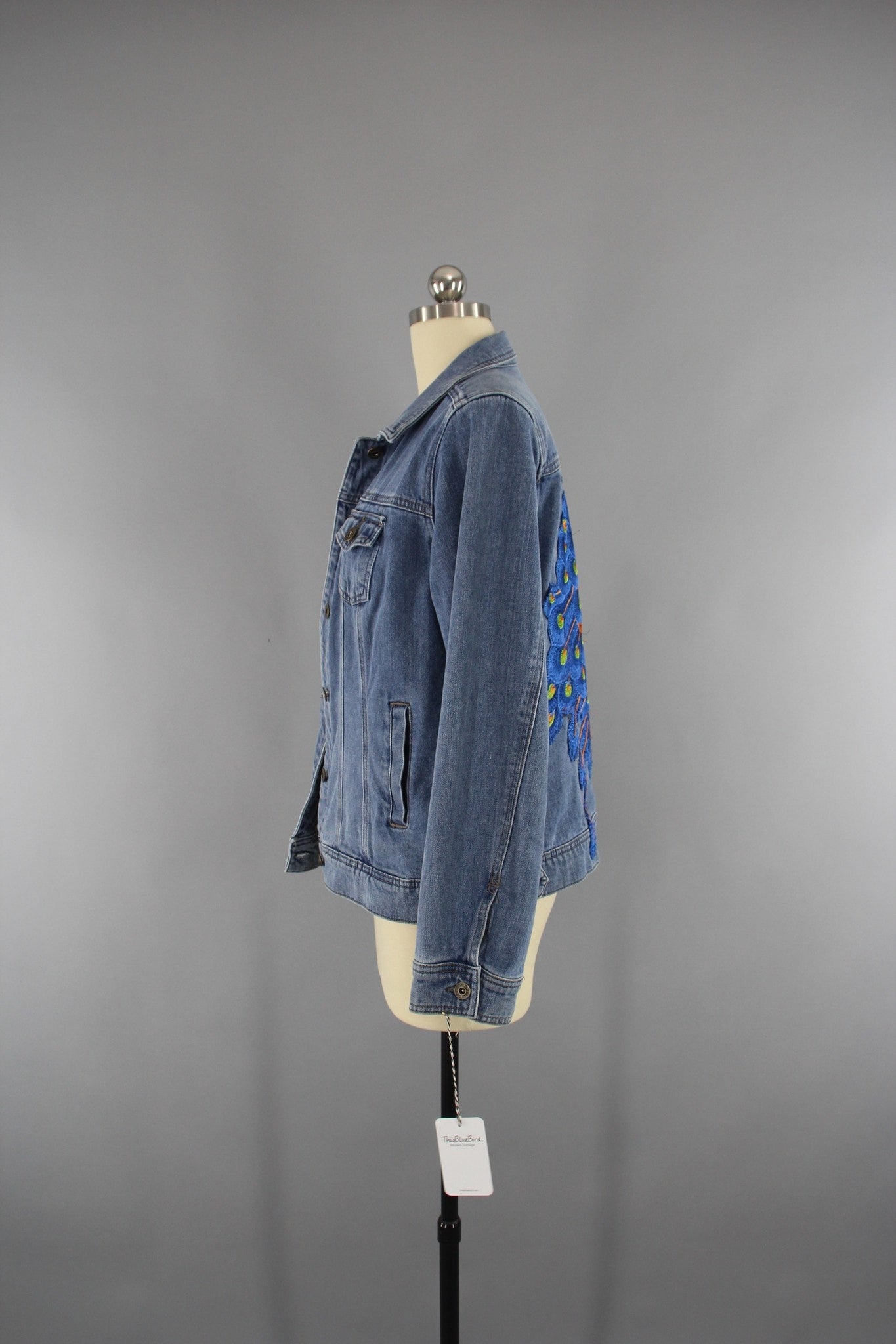 Vintage Style Denim Jacket with Royal Blue Peacock Embroidery - ThisBlueBird