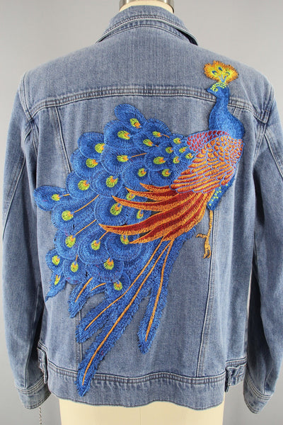 Vintage Style Denim Jacket with Royal Blue Peacock Embroidery - ThisBlueBird