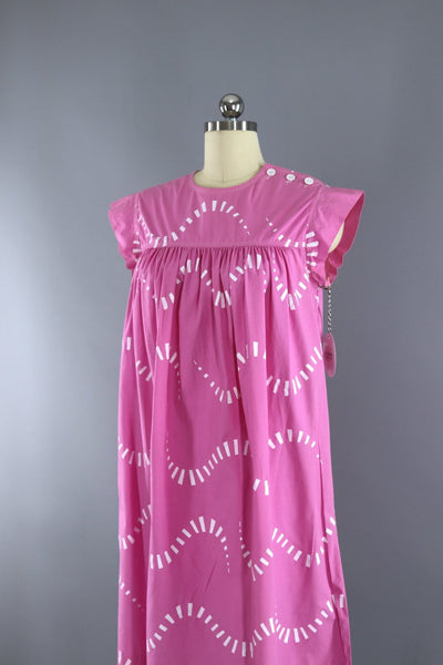 Vintage Summer Cotton Caftan Dress / 1980s Pink & White Print - ThisBlueBird