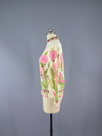 Vintage Sweater / Pink Tulip Floral Print / Mod 60s - ThisBlueBird