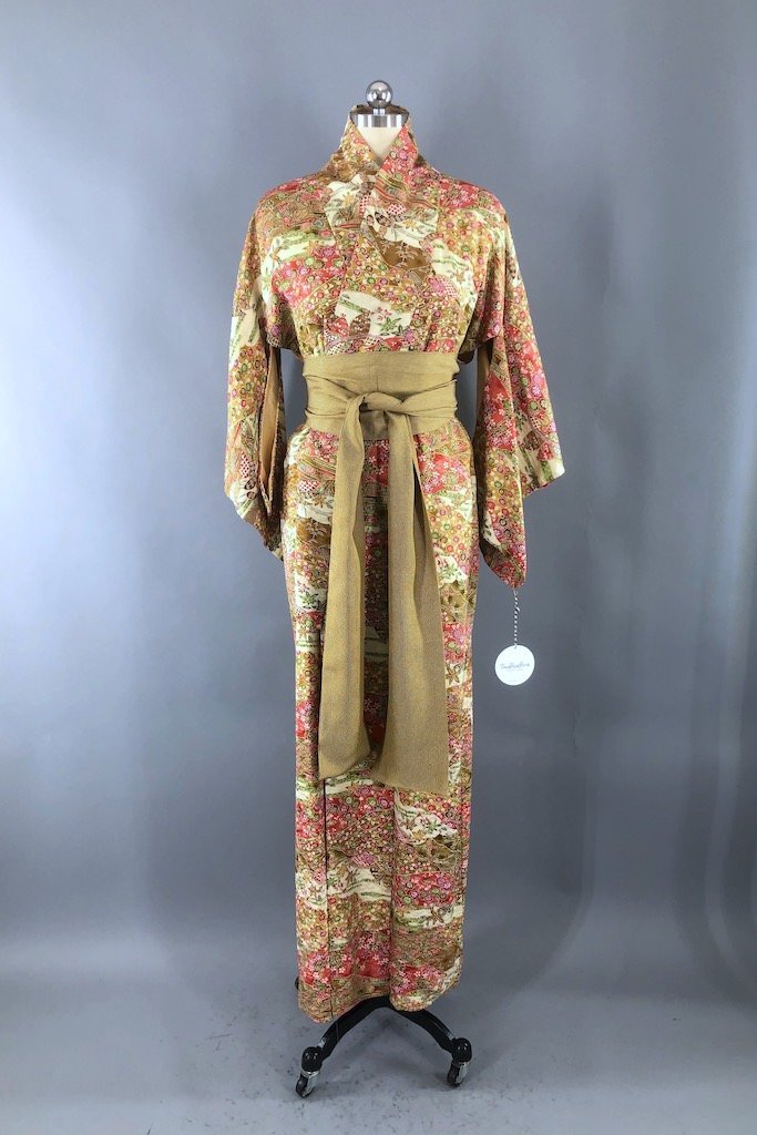 Vintage Tan and Pink Floral Kimono Robe-ThisBlueBird - Modern Vintage