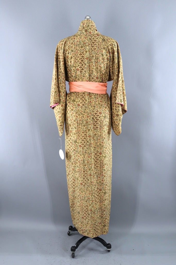 Vintage Tan Floral Silk Kimono Robe ThisBlueBird
