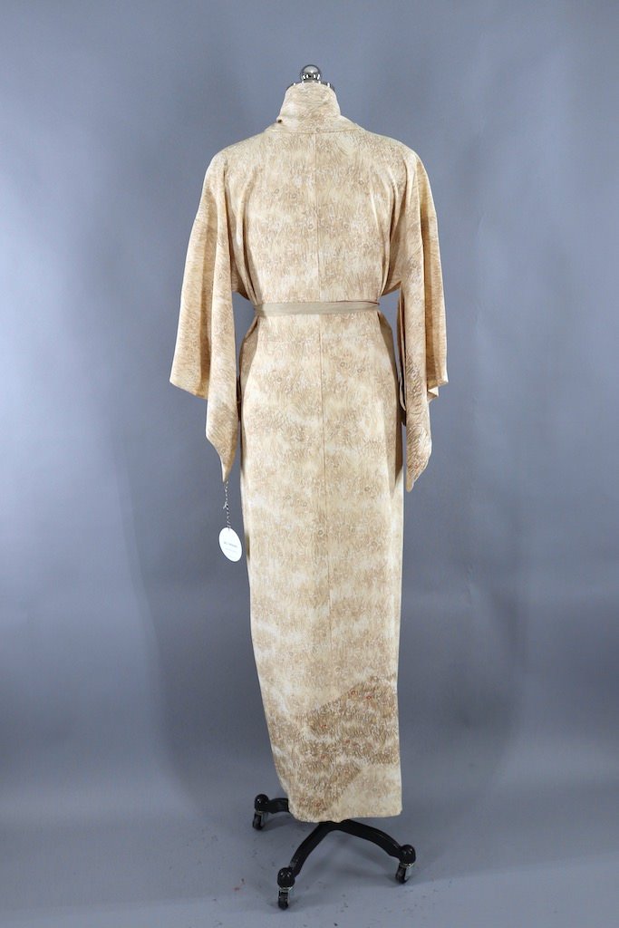 Vintage Tan Floral Silk Kimono Robe-ThisBlueBird - Modern Vintage