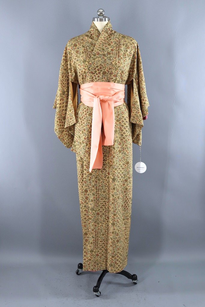 Vintage Tan Floral Silk Kimono Robe ThisBlueBird