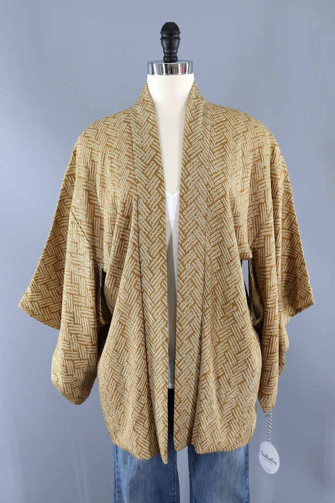 Vintage Tan Silk Shibori Kimono Cardigan-ThisBlueBird - Modern Vintage