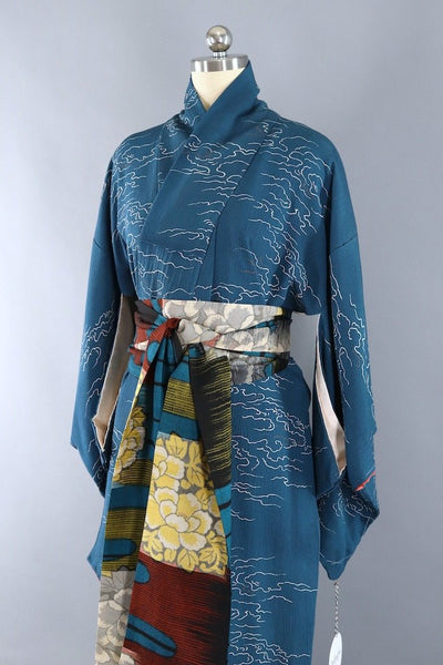 Vintage Teal Blue Clouds Silk Kimono Robe-ThisBlueBird - Modern Vintage