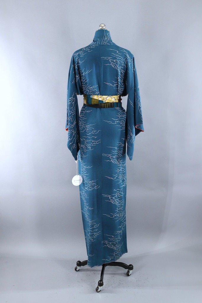 Vintage Teal Blue Clouds Silk Kimono Robe-ThisBlueBird - Modern Vintage
