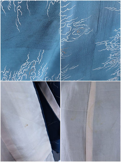 Vintage Teal Blue Clouds Silk Kimono Robe-ThisBlueBird