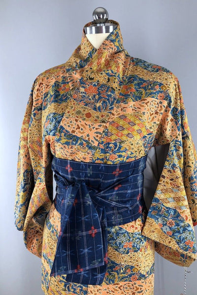 Vintage Terra Cotta & Blue Silk Kimono Robe-ThisBlueBird - Modern Vintage