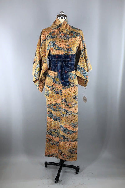 Vintage Terra Cotta & Blue Silk Kimono Robe-ThisBlueBird - Modern Vintage