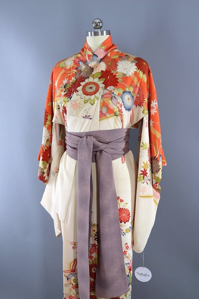 Vintage Terra Cotta Floral Silk Kimono-ThisBlueBird - Modern Vintage