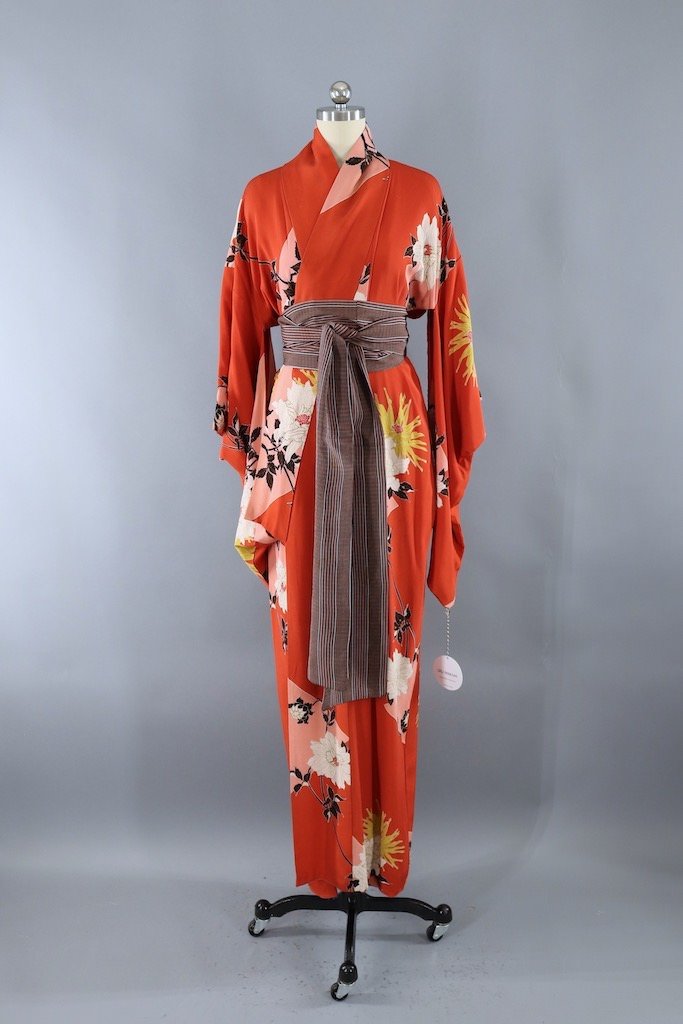 Vintage Terra Cotta Peony Floral Kimono Robe-ThisBlueBird - Modern Vintage