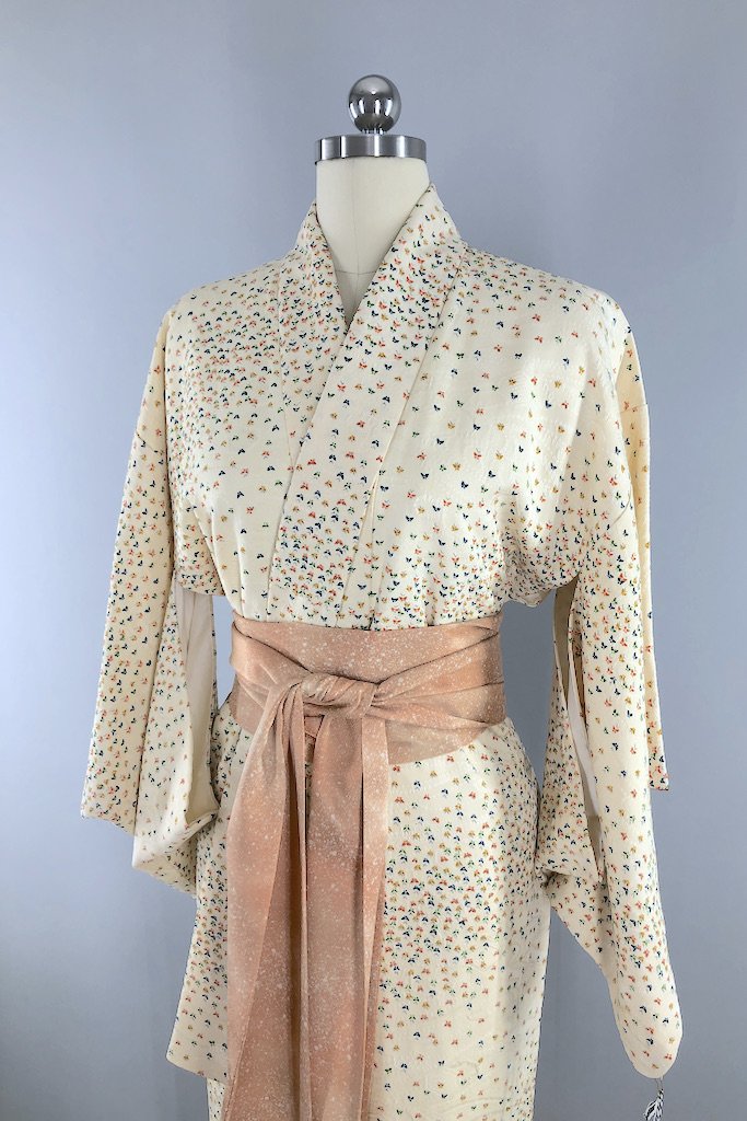 Vintage Tiny Butterflies Silk Kimono Robe-ThisBlueBird - Modern Vintage