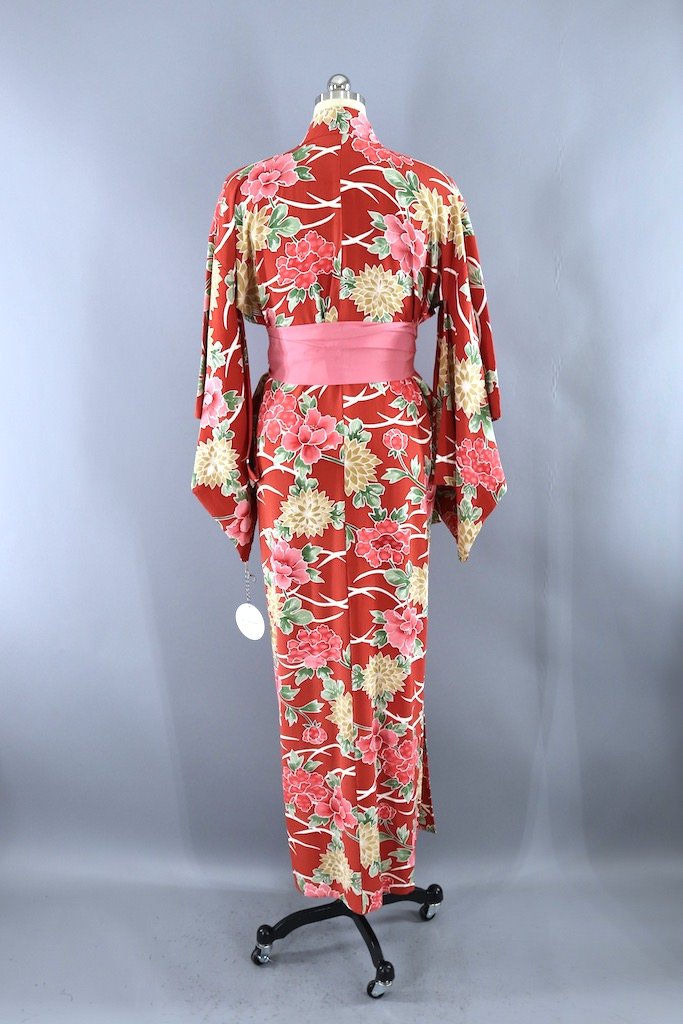 Vintage Tomato Red Peony Silk Kimono Robe-ThisBlueBird - Modern Vintage