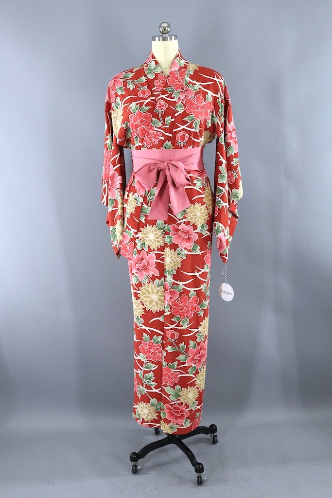 Vintage Tomato Red Peony Silk Kimono Robe-ThisBlueBird - Modern Vintage
