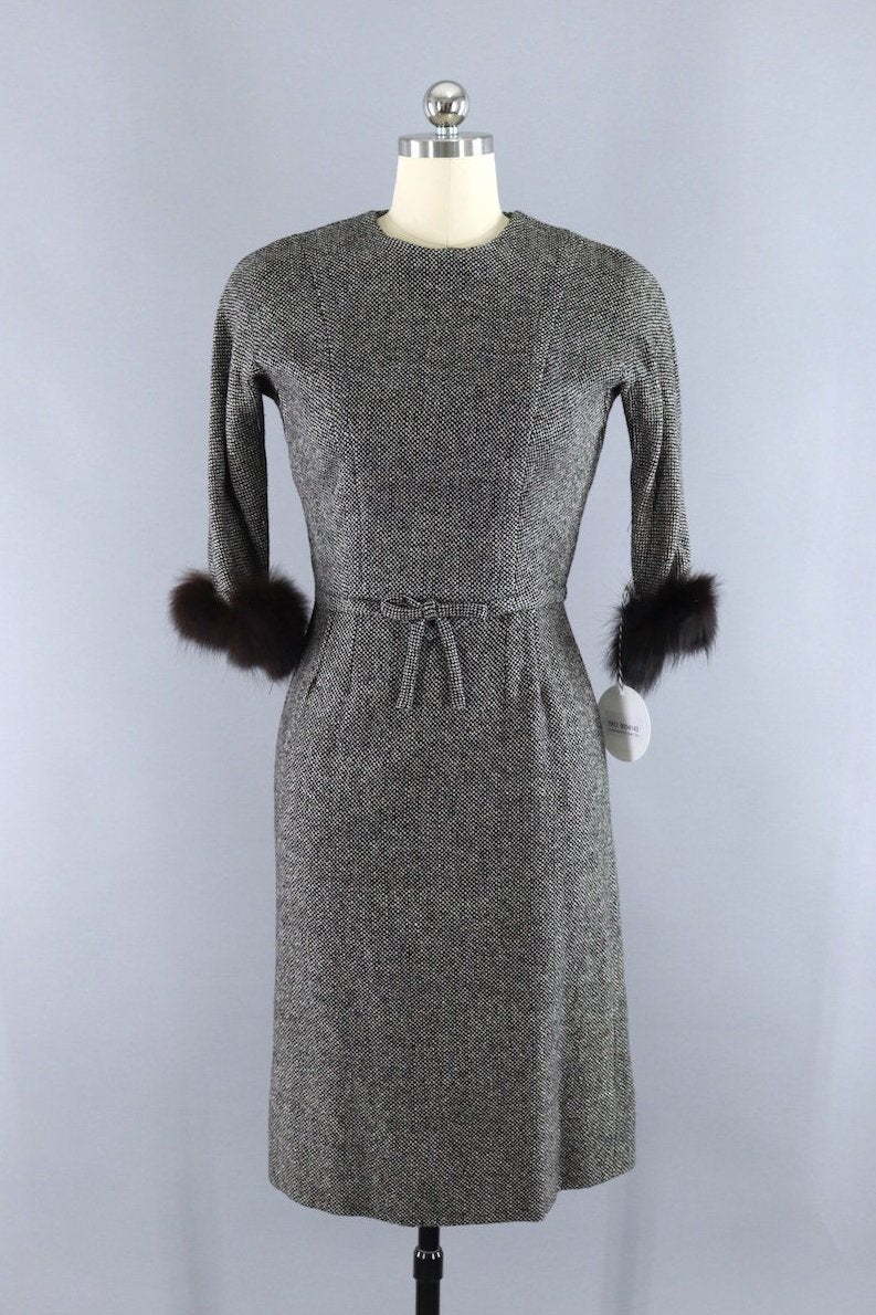 Vintage Toni Todd Wool Tweed Dress with Fur Trim - ThisBlueBird