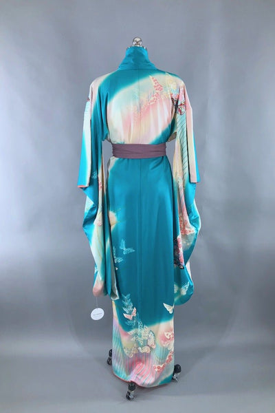Vintage Turquoise Butterflies Silk Kimono Robe-ThisBlueBird - Modern Vintage