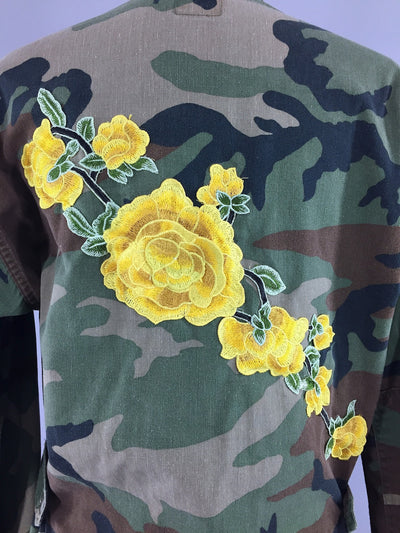 Vintage US Army Embroidered Camouflage Jacket / Yellow Floral Embroidery - ThisBlueBird