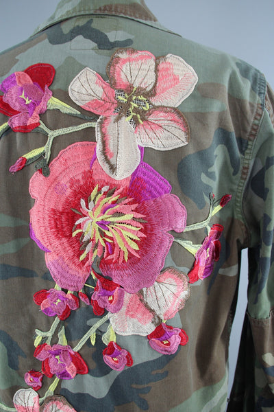 Vintage US Marines Embroidered Camouflage Jacket with Pink & Peach Floral Embroidery - ThisBlueBird