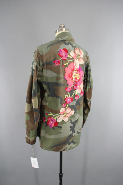 Vintage US Marines Embroidered Camouflage Jacket with Pink & Peach Floral Embroidery - ThisBlueBird