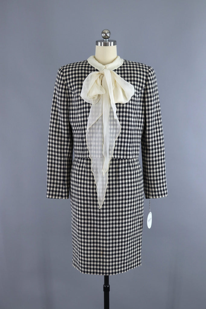 Vintage Valentino Miss V Suit / Gingham Wool with Silk Blouse &amp; Scarf - ThisBlueBird