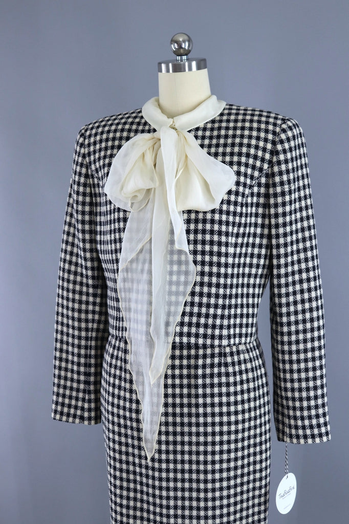 Vintage Valentino Miss V Suit / Gingham Wool with Silk Blouse &amp; Scarf - ThisBlueBird
