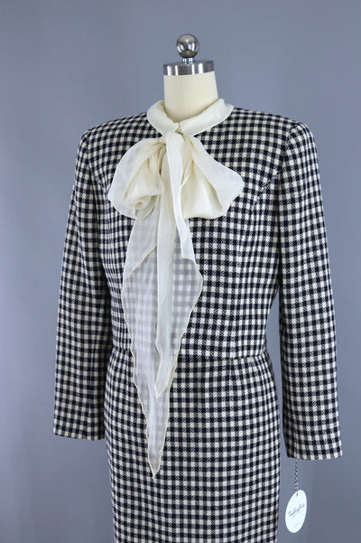 Vintage Valentino Miss V Suit / Gingham Wool with Silk Blouse & Scarf - ThisBlueBird