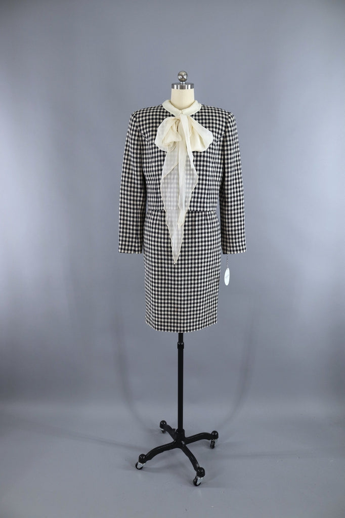 Vintage Valentino Miss V Suit / Gingham Wool with Silk Blouse &amp; Scarf - ThisBlueBird