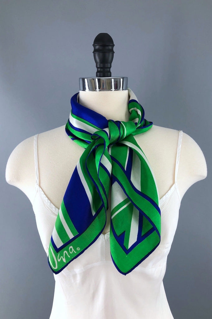 Vintage Vera Neumann Blue and Green Striped Scarf-ThisBlueBird - Modern Vintage