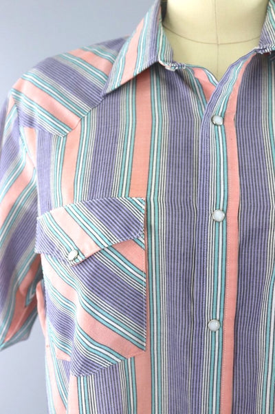 Vintage Western Shirt / Purple & Peach Stripes / Saddlebrook USA-ThisBlueBird