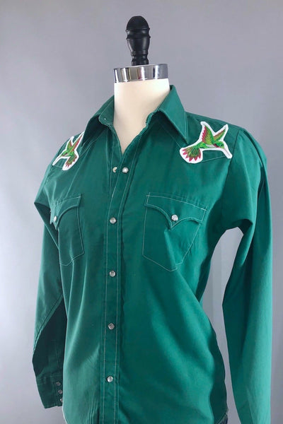 Vintage Western Shirt with Hummingbird Embroidered Patches - ThisBlueBird